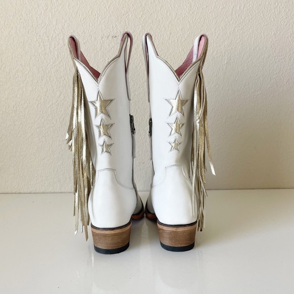 Junk Gypsy Womens Boots Sz 7.5 White Silver Stars Snip Toe Fringe Shortie Zipper - Picture 7 of 12